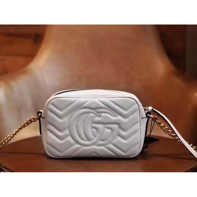Gucci Women GG Marmont Matelassé Mini Bag White Matelassé Chevron Leather Double G