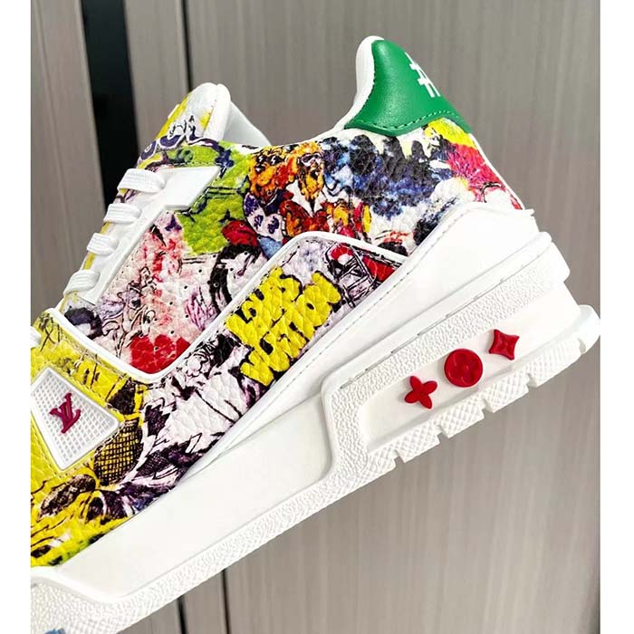 Louis Vuitton Unisex LV Trainer Sneaker White Printed Canvas Rubber Outsole Initials