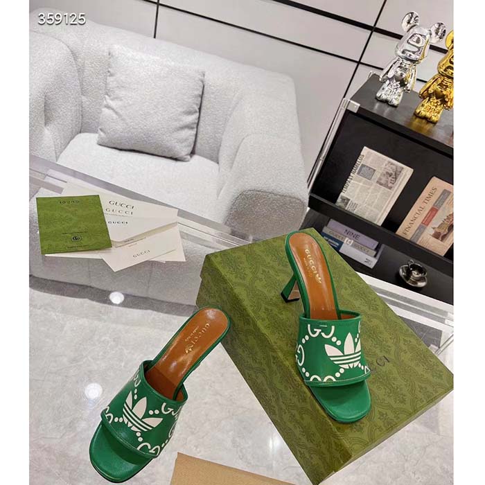 Gucci Women Adidas x Gucci Slide Sandal GG Trefoil Suede Green Leather