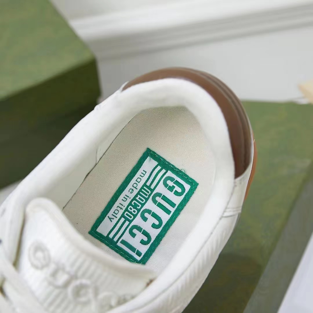 Gucci Unisex GG MAC80 Sneaker Off White Brown Leather Round Toe Rubber Flat