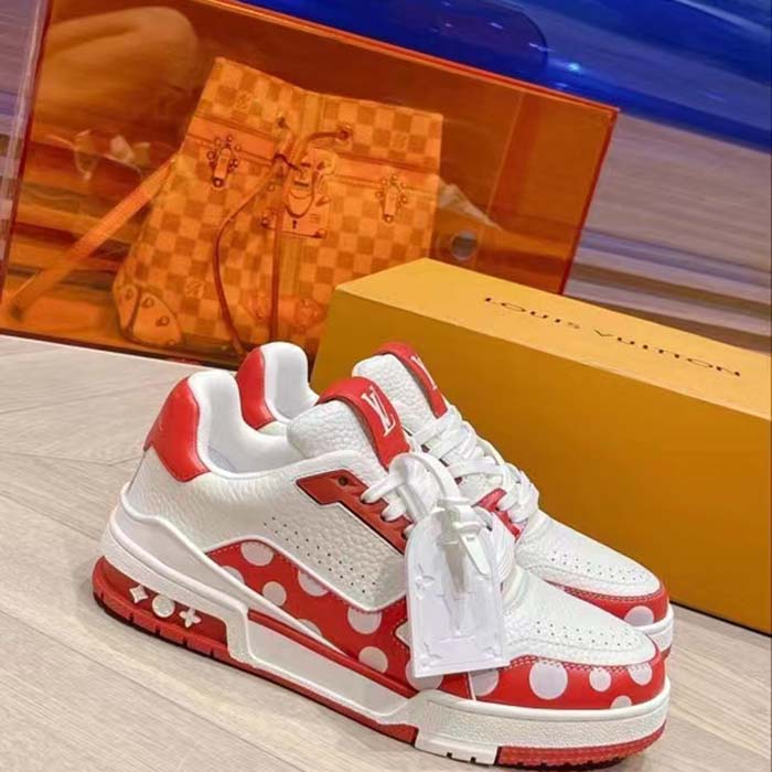 Louis Vuitton Unisex LV Trainer Sneaker Red Calf Leather Rubber Outsole Monogram Flowers