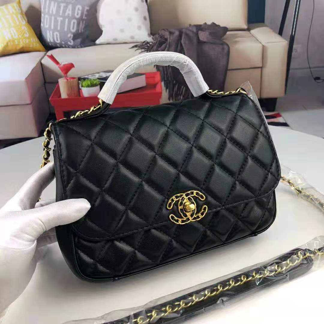 Chanel Women Flap Bag with Top Handle in Lambskin Leather