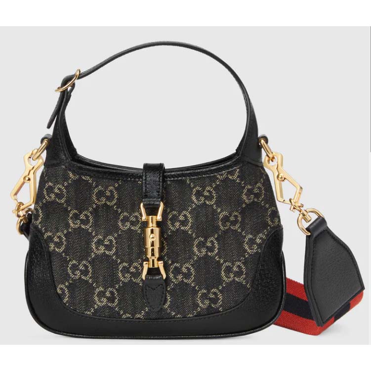 Gucci Women Jackie 1961 Mini Shoulder Bag Black Ivory GG Denim Jacquard