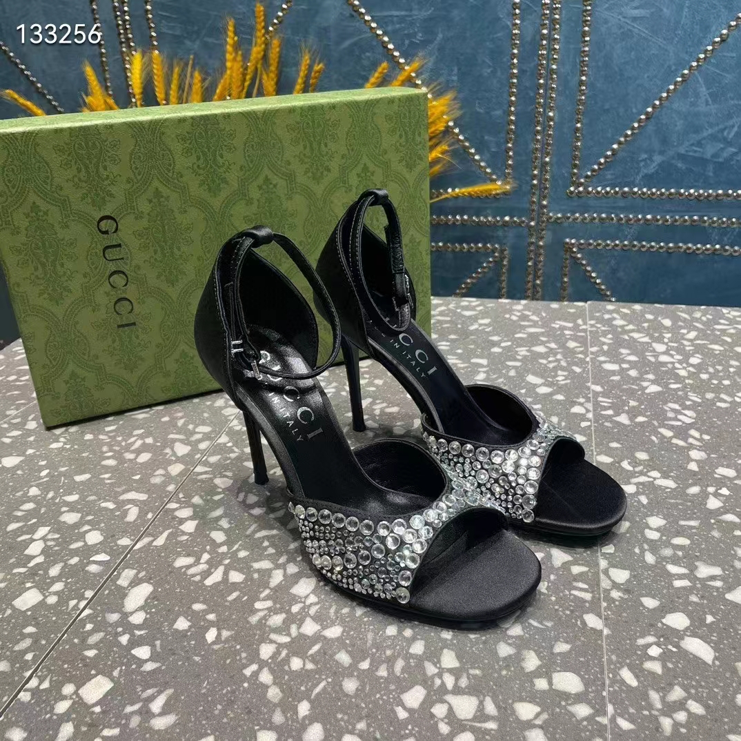 Gucci Women GG Mid-Heel Sandals Crystals Black Satin 11 CM Heel Double G