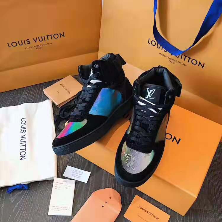Louis Vuitton LV Unisex Rivoli Sneaker Boot in Iridescent Monogram Textile and Calf Leather-Black
