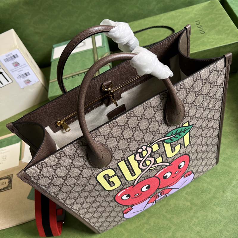 Gucci Unisex GG Cherry Print Medium Tote Beige Ebony GG Supreme Canvas
