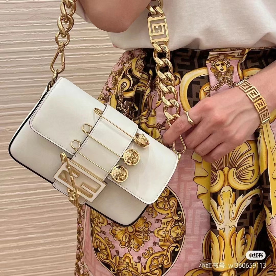 Fendi Women FF Brooch Mini Baguette Fendace White Leather Bag