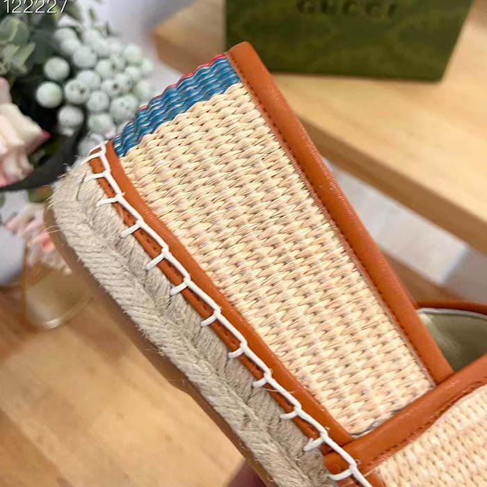 Gucci Unisex GG Interlocking G Espadrilles Natural Raffia Brown Leather Round Toe Flat