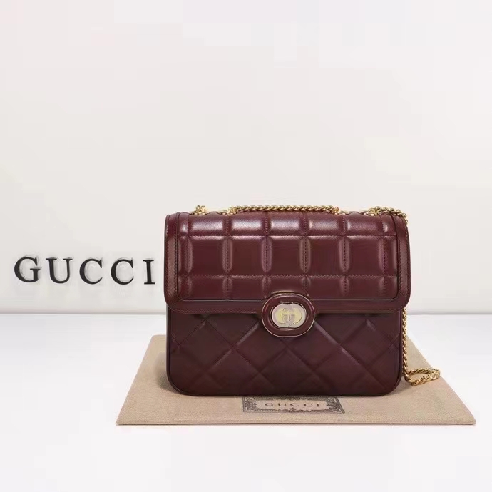 Gucci Women GG Deco Small Shoulder Bag Dark Red Leather Two-Toned Vintage Interlocking G