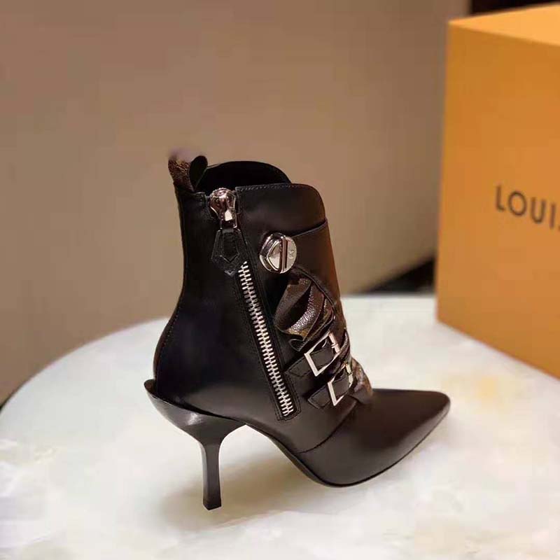 Louis Vuitton LV Women LV Janet Ankle Boot in Calf Leather and Patent Monogram Canvas-Black