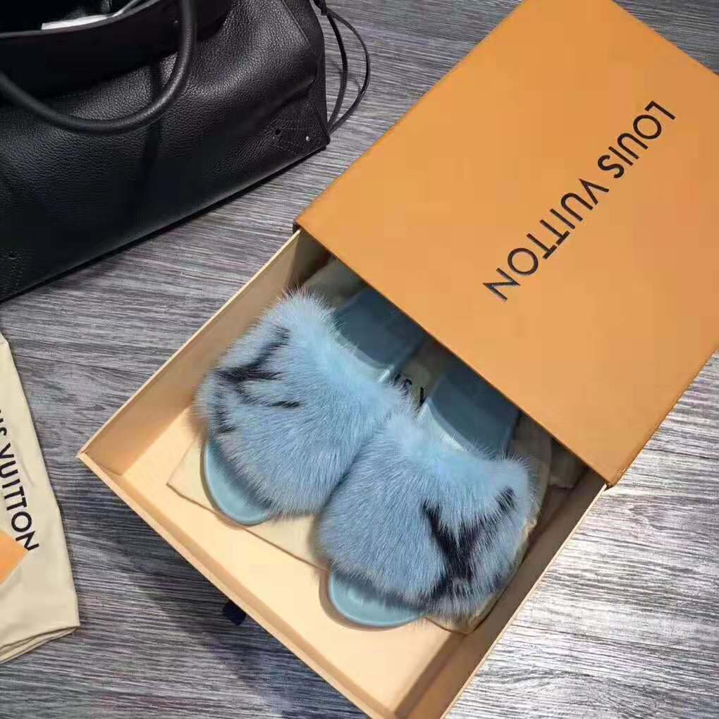 Louis Vuitton LV Women Furry Sandals in Mink Hair Leather-Blue
