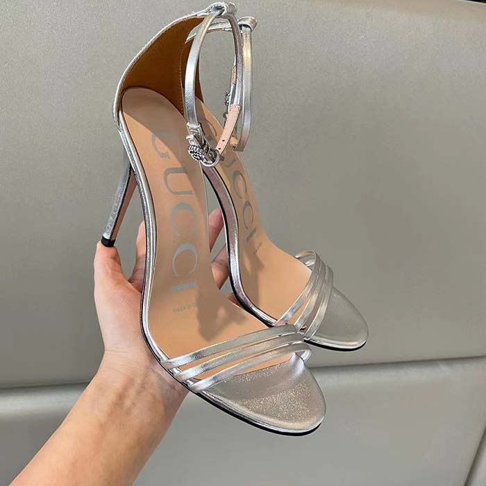 Gucci Women GG High Heeled Metallic Sandal Silver Leather Ankle Strap Metal Double G Buckle Crystals