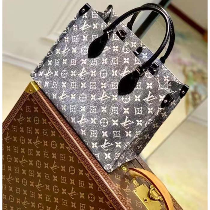 Louis Vuitton LV Women OnTheGo MM Tote Gray Denim Textile Jacquard