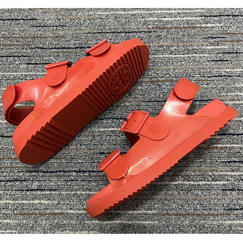 Gucci Women Sandal Mini Double G Red Rubber Double G Studs Low Heel