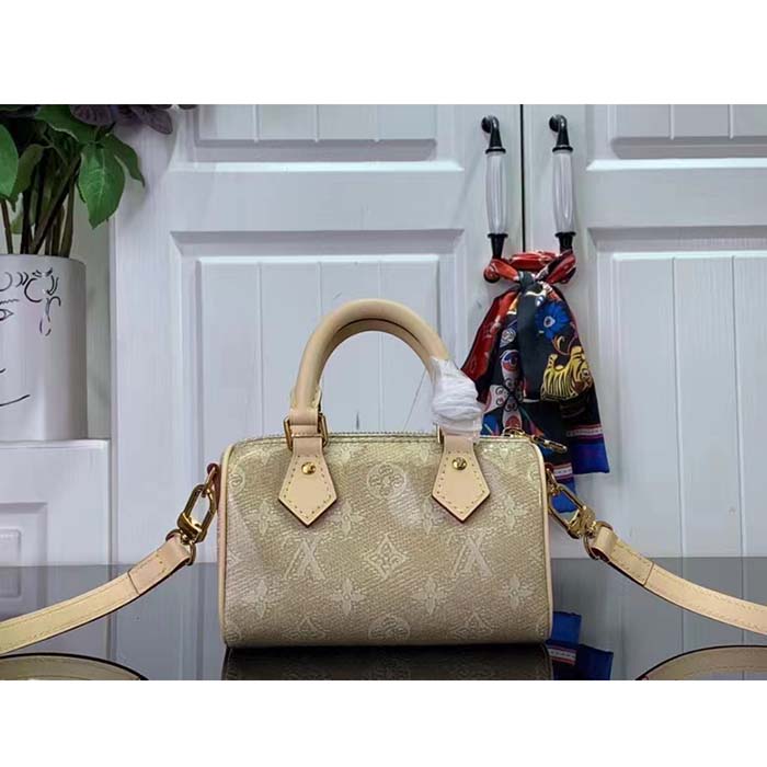 Louis Vuitton LV Women Nano Speedy Beige Monoglam Coated Canvas Zip Closure