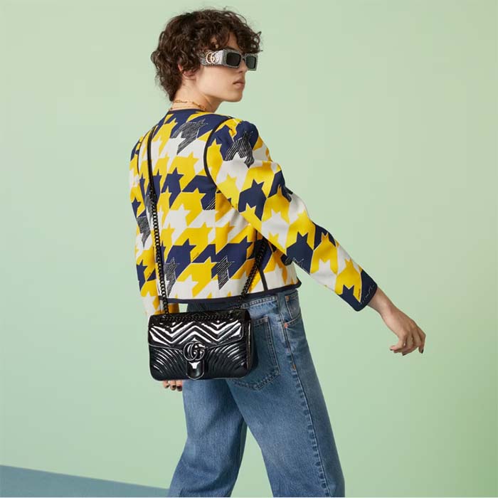 Gucci Women GG Marmont Patent Small Shoulder Bag Black Matelassé Chevron Leather