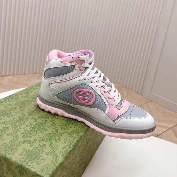 Gucci Unisex Mac80 High Top Sneaker Off White Pink Leather Round Toe Rubber Sole Flat