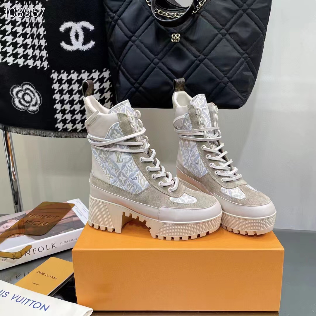 Louis Vuitton Women LV Platform Desert Boot Beige Jacquard Textile Suede Calf Leather