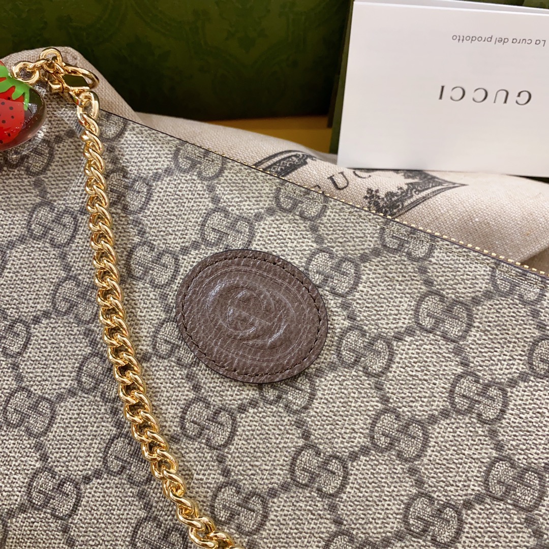 Gucci Unisex Wrist Wallet Double G Strawberry Beige Ebony GG Supreme Canvas