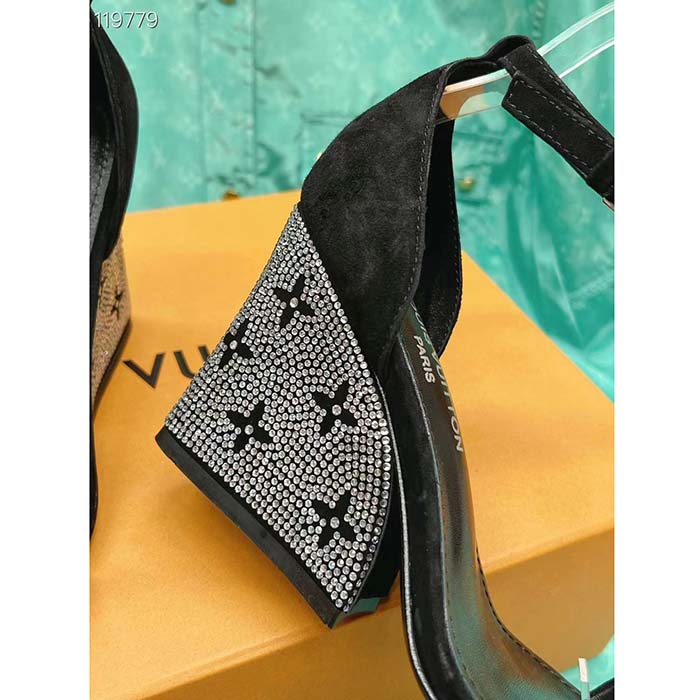 Louis Vuitton LV Women Appeal Wedge Sandal Black Suede Baby Goat Leather Strass