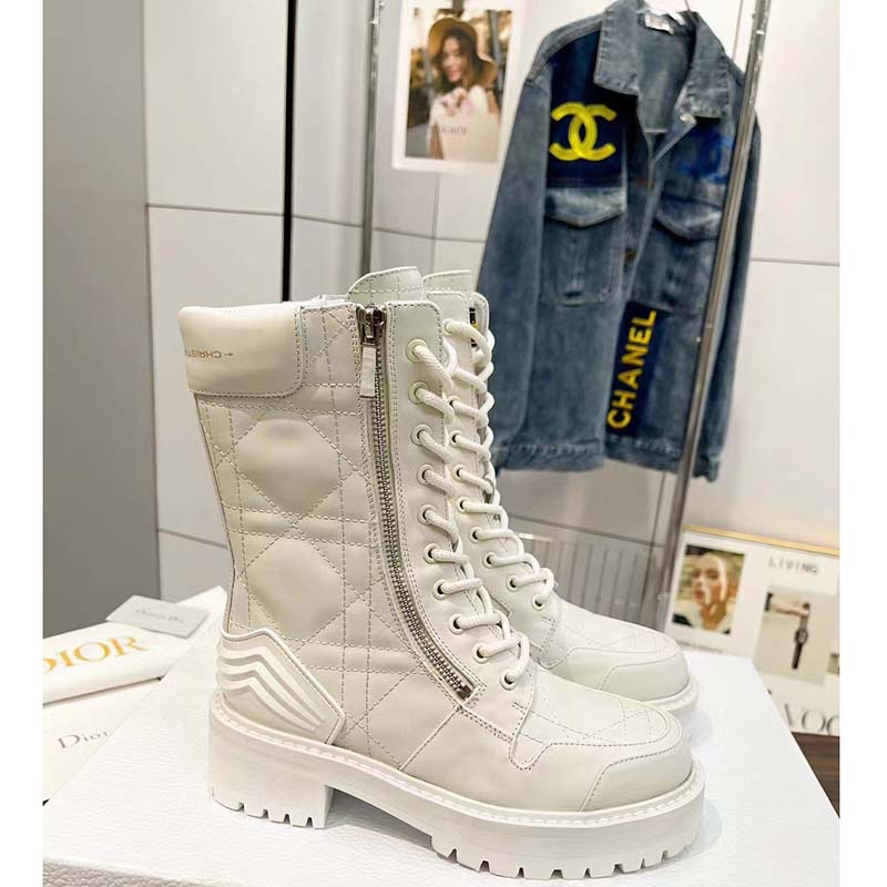 Dior Women CD D-Leader Ankle Boot White Quilted Cannage Calfskin