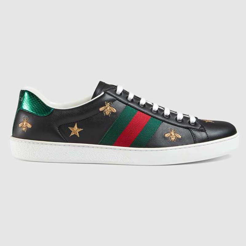 Gucci Men’s Ace Embroidered Sneaker in Black Leather with Bees and Stars