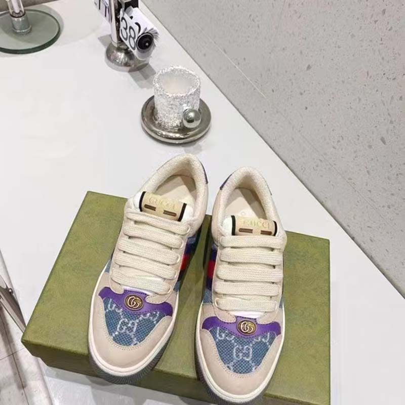 Gucci Unisex Screener Sneaker Purple Red Web Cream Scrap Less Leather