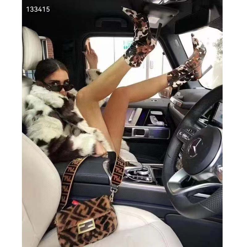 Fendi Women FF Baguette Brown Sheepskin Sheep Fur Calfskin Bag