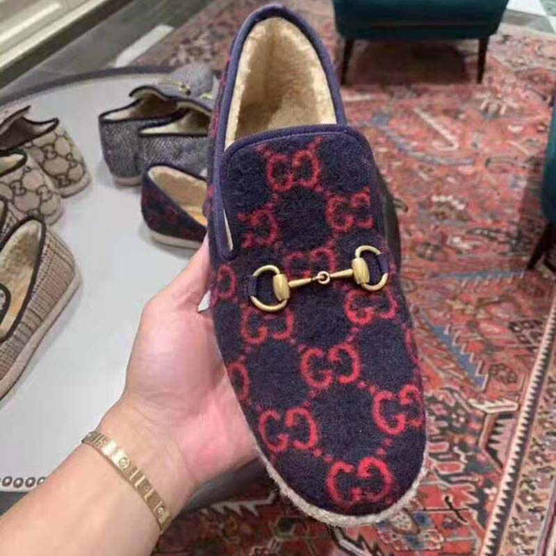 Gucci Unisex GG Wool Loafer in Blue and Red GG Wool