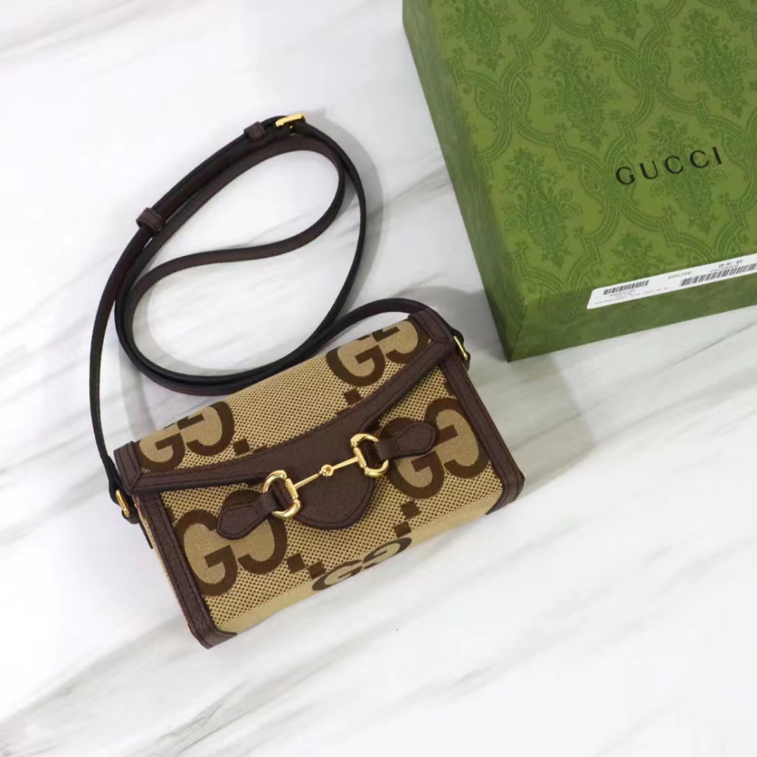 Gucci Unisex GG Horsebit 1955 Jumbo GG Mini Bag Camel Ebony Canvas