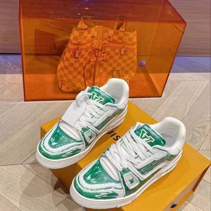 Louis Vuitton Unisex LV Trainer Sneaker Green Printed Calf Leather Rubber Outsole Initials