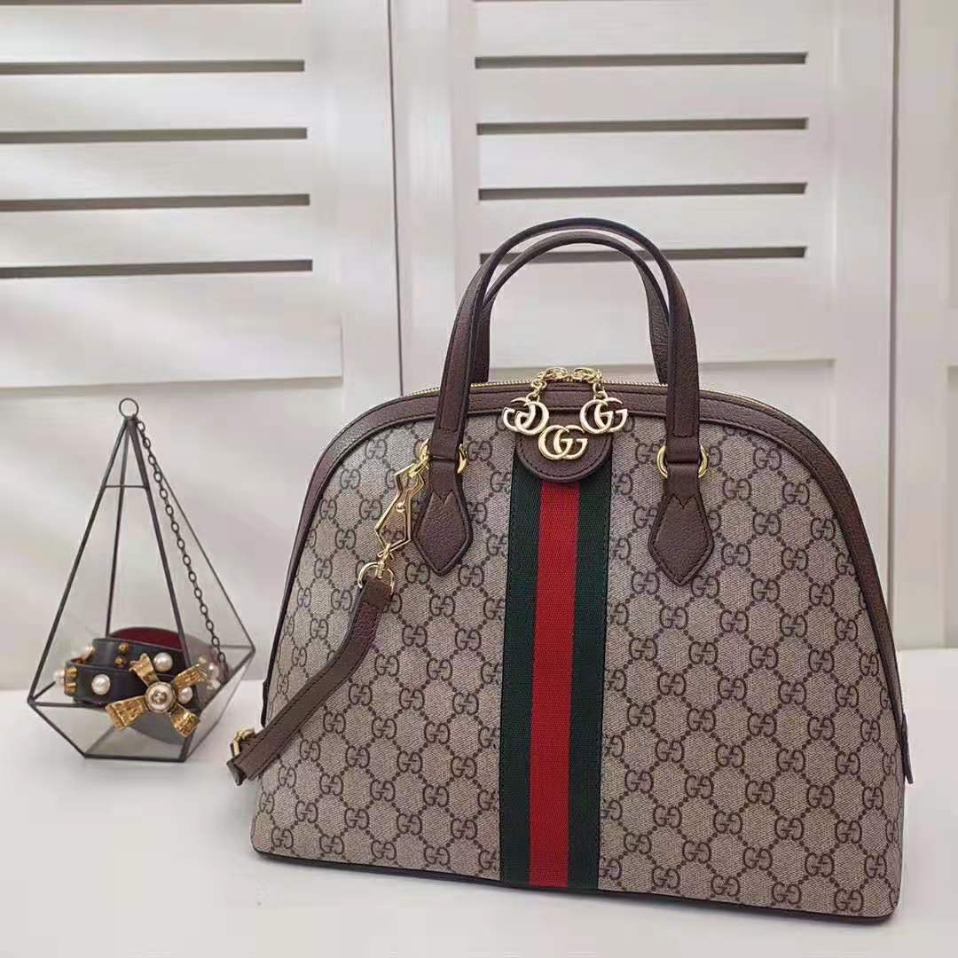 Gucci GG Women Ophidia GG Medium Top Handle in Beige/Ebony GG Supreme Canvas