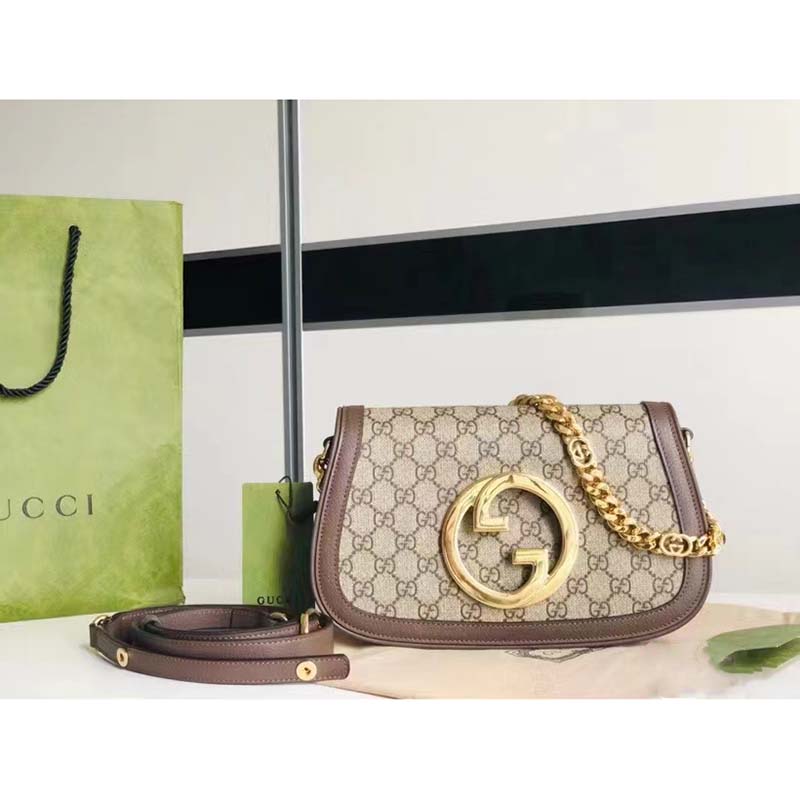 Gucci Women GG Blondie Shoulder Bag Beige Ebony GG Supreme Canvas