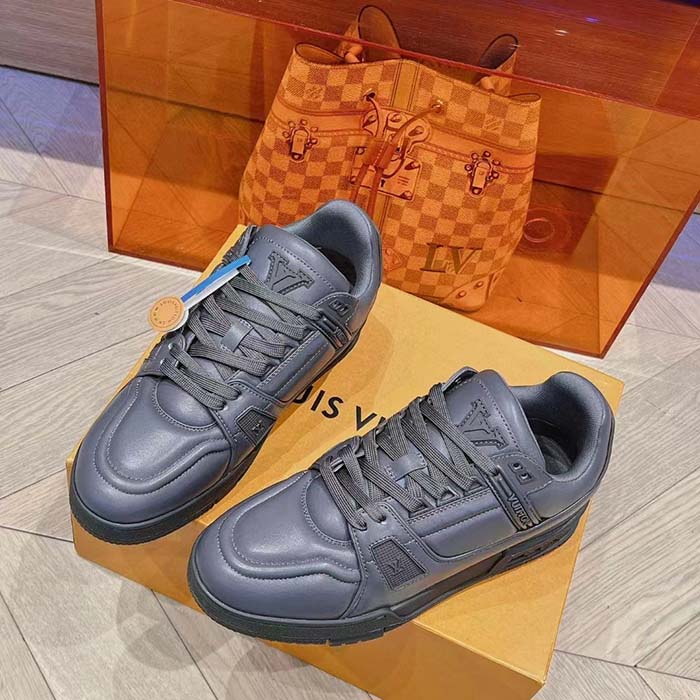 Louis Vuitton Unisex LV Trainer Sneaker Grey Calf Leather Rubber Outsole Monogram Flower