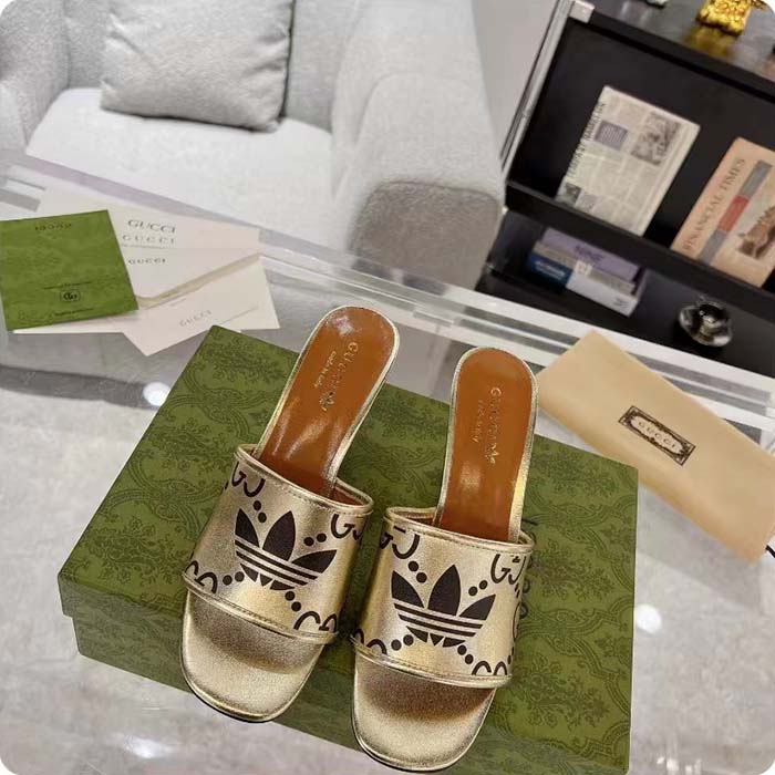 Gucci Women Adidas x Gucci Slide Sandal Gold Metallic GG Trefoil Smooth Leather