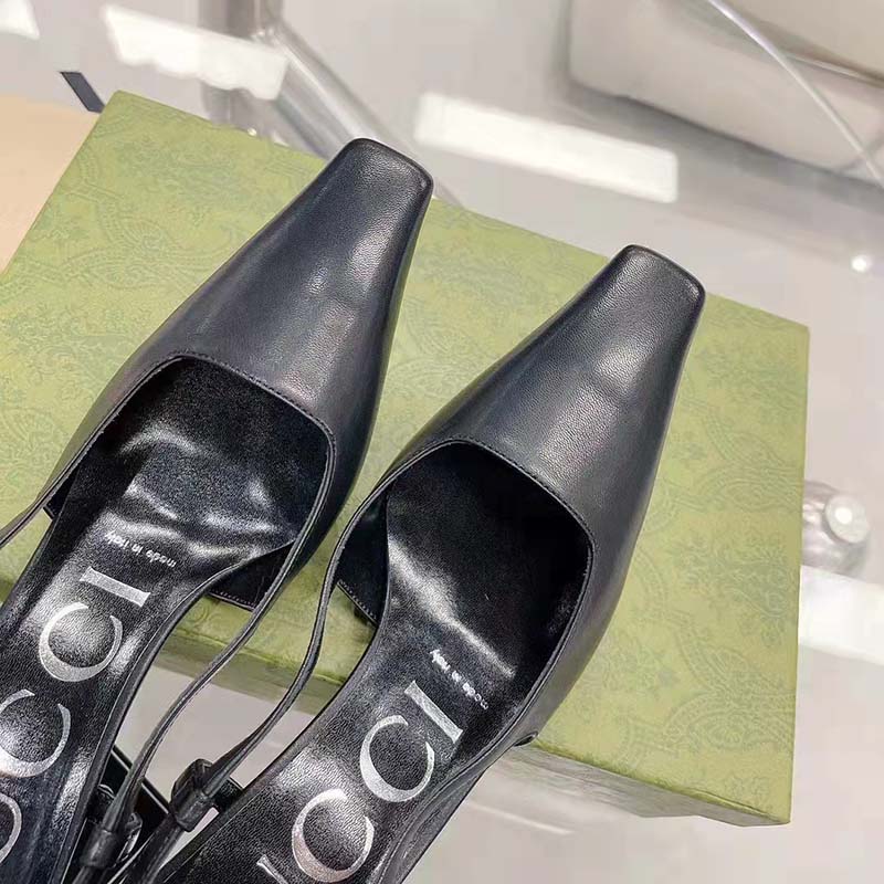 Gucci Women GG Slingback Pump Black Leather Back Ankle Buckle 8 cm Heel