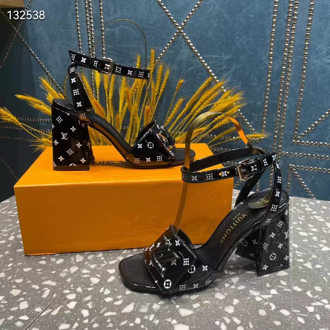 Louis Vuitton Women LV Shake Sandal Black White Printed Patent Calf Leather 9.5 CM Heel