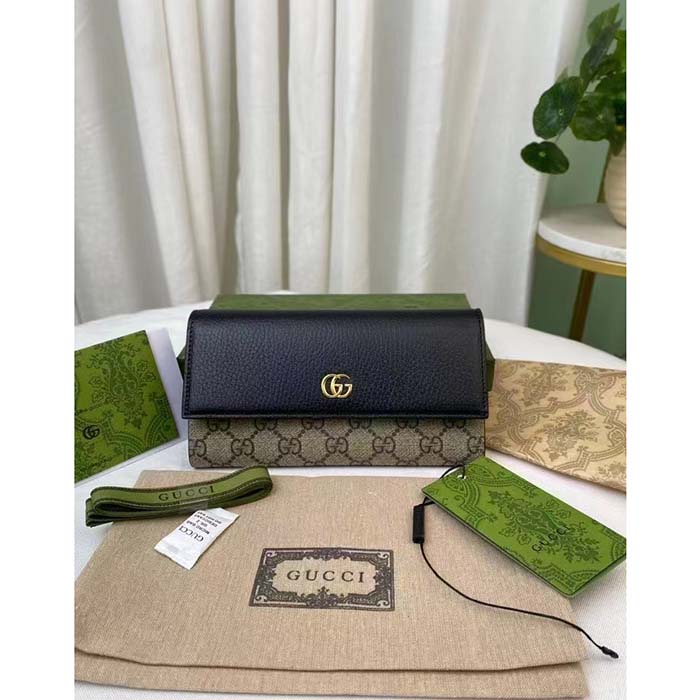 Gucci Women GG Marmont Leather Continental Wallet Beige Ebony GG Supreme Canvas