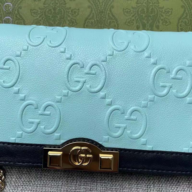 Gucci Women GG Wallet Chain Light Blue GG Leather Dark Blue Double G