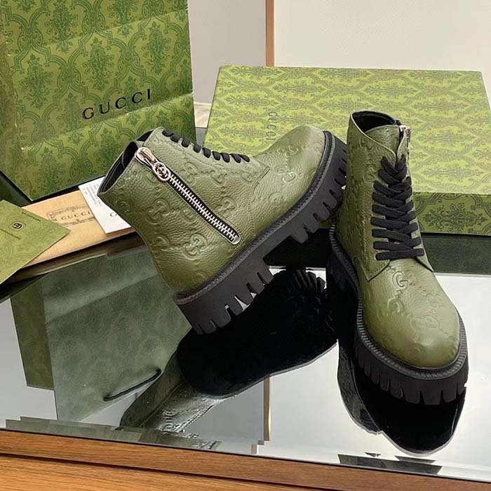 Gucci Unisex GG Leather Boot Dark Green Rubber Lug Sole Lace-Up Interlocking G Low-Heel