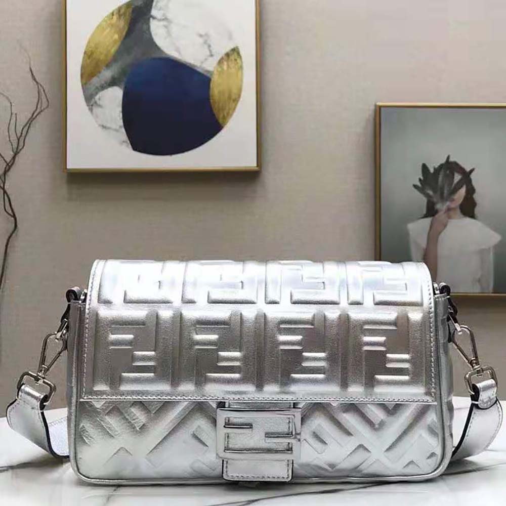 Fendi Women Baguette Fendi Prints On Leather Bag-Silver