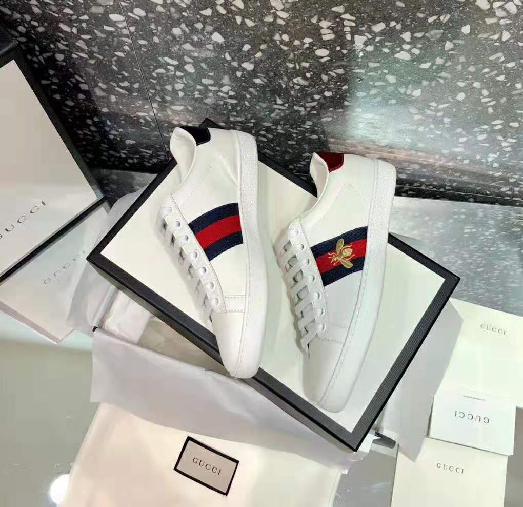 Gucci Unisex Ace Embroidered Sneaker with Iconic Gold Embroidered Bee-White
