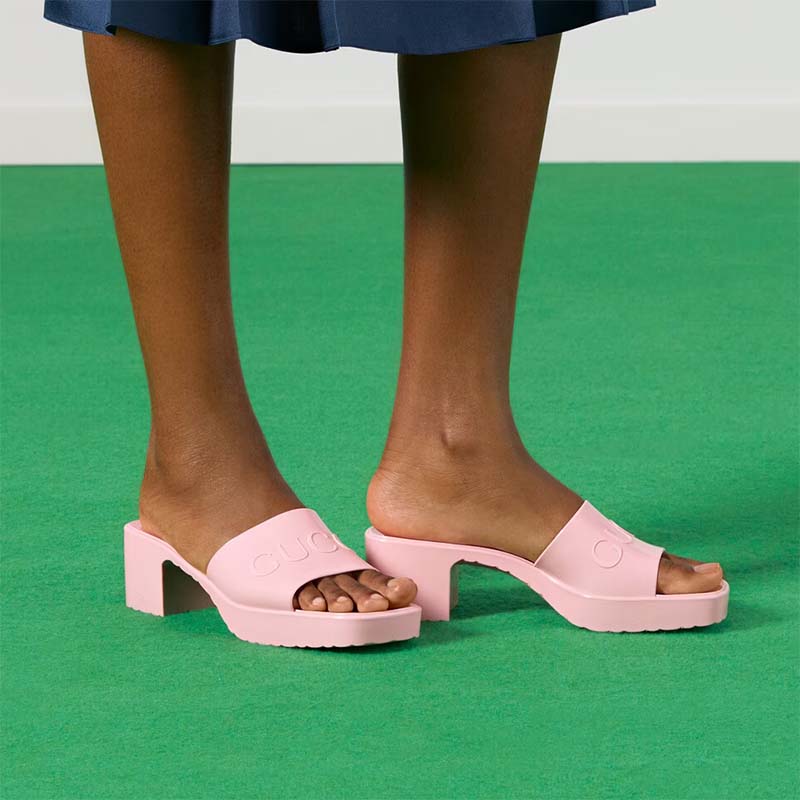 Gucci Women GG Rubber Slide Sandal Pastel Pink 6 Cm Heel