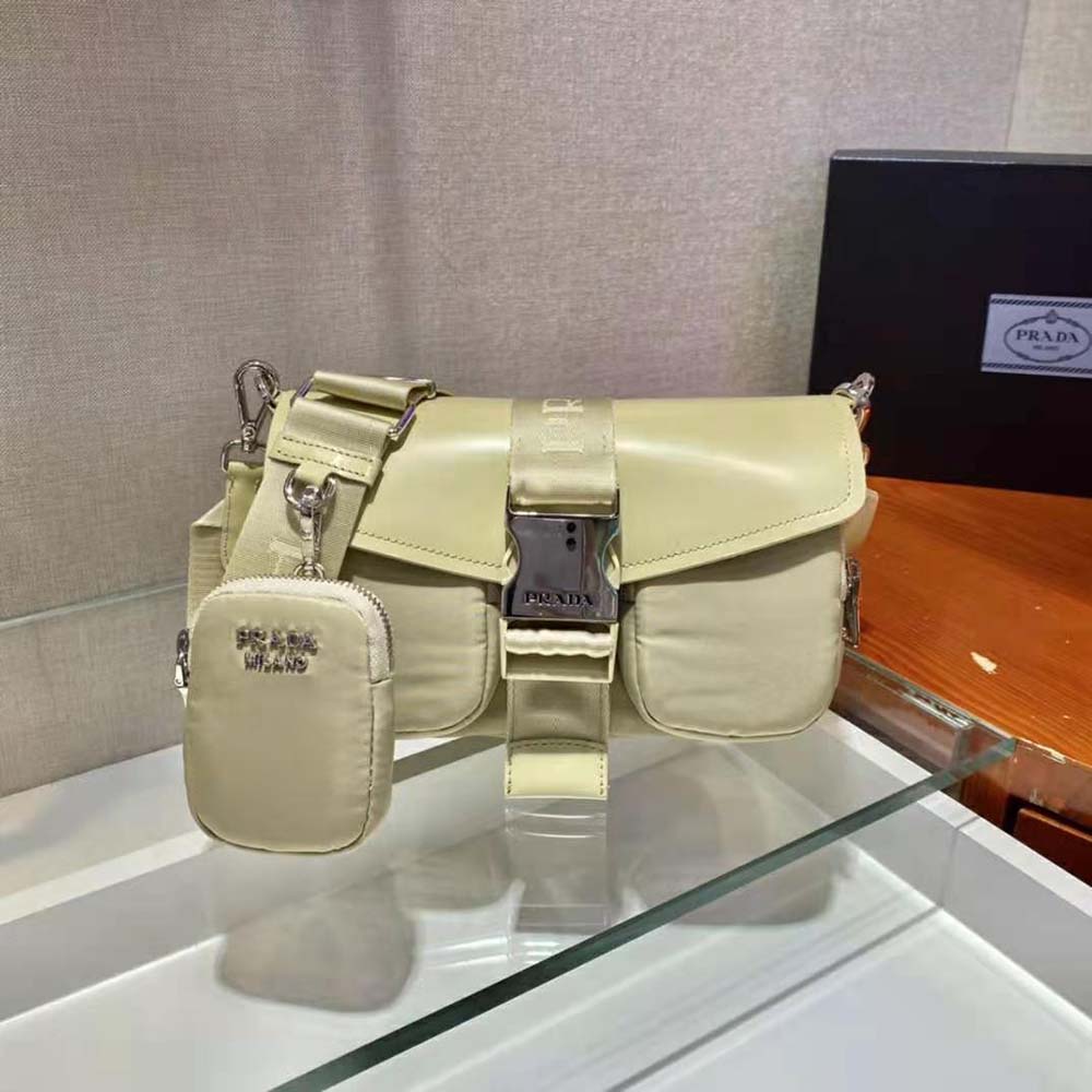 Prada Women Pocket Nylon and Brushed Leather Bag