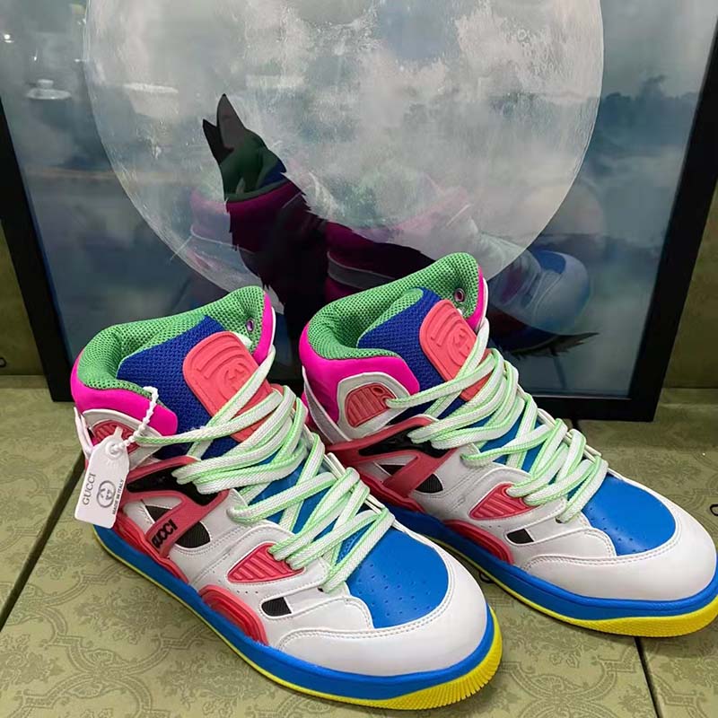 Gucci Unisex GG Gucci Basket Sneaker Pink Demetra Rubber Interlocking Grey Mesh