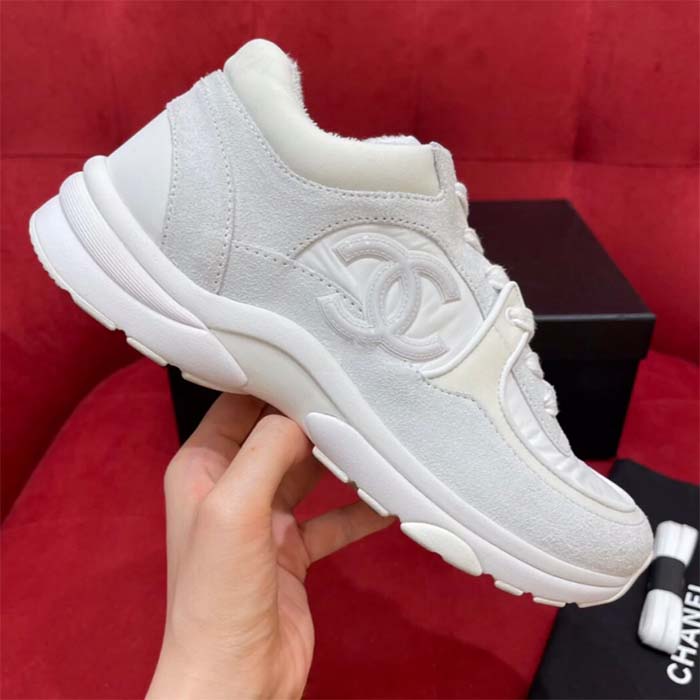 Chanel Women CC Low Top Sneakers Calfskin Suede Leather Triple White