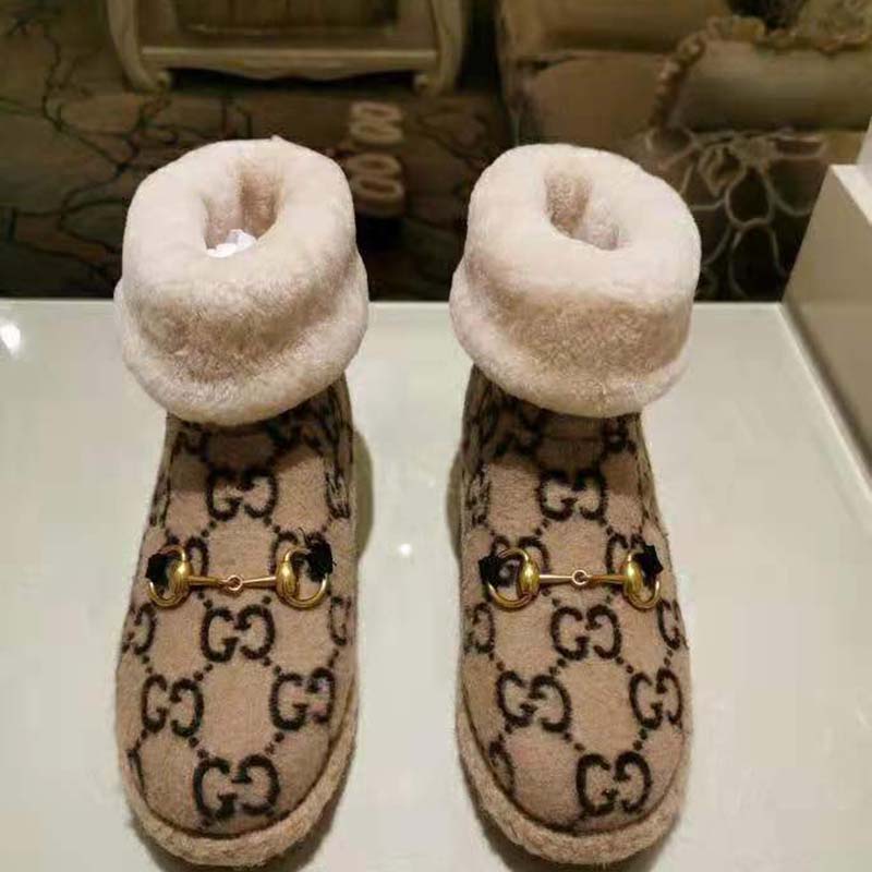 Gucci Unisex GG Wool Ankle Boot in Textured Fabrics-Beige