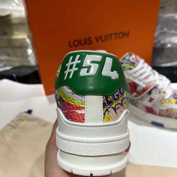 Louis Vuitton Unisex LV Trainer Sneaker White Printed Canvas Rubber Outsole Monogram Flowers