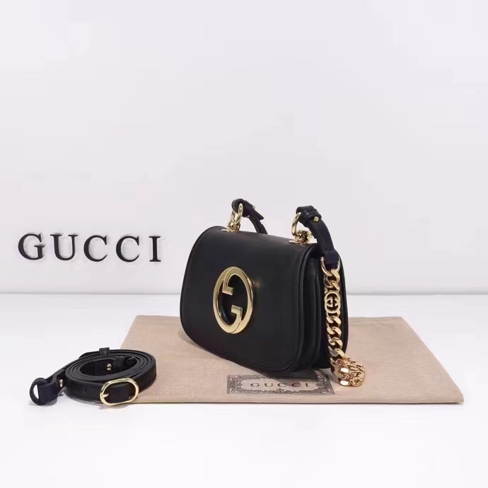 Gucci Women GG Blondie Mini Shoulder Bag Black Leather Round Interlocking G Chain