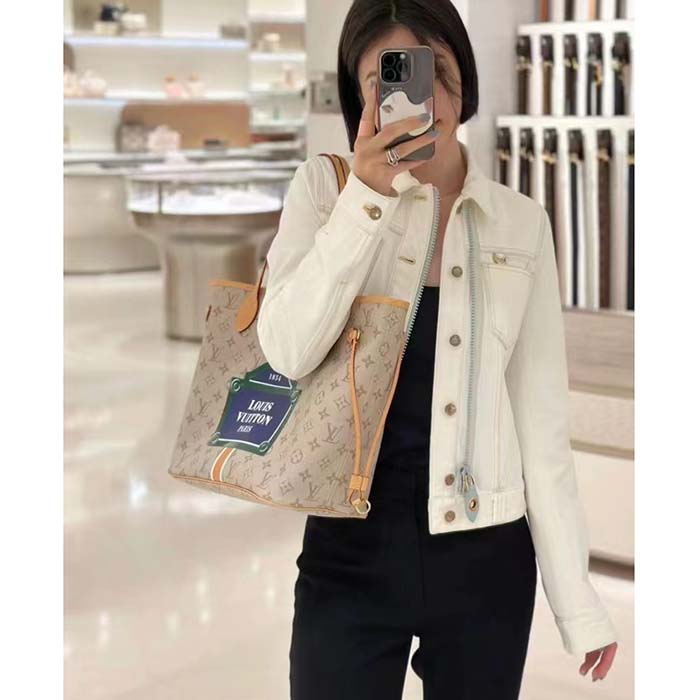 Louis Vuitton LV Unisex Neverfull MM Beige Ocher Monopaname Coated Canvas Cowhide Leather